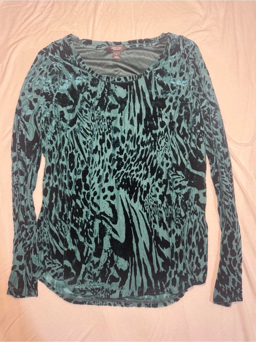 Simply Vera Vera Wang Teal and Black Animal-Print Long Sleeve Top